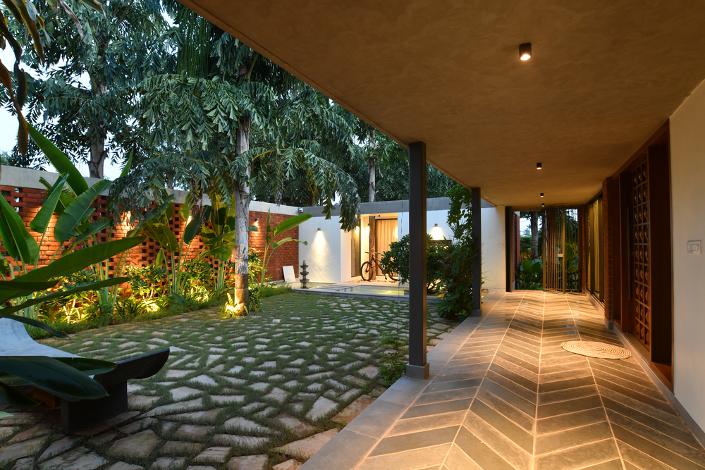 Silver Oak Estates courtyard at night