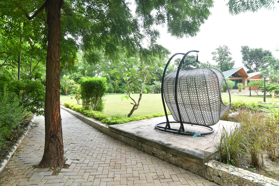 Hanging chair on a garden path at SilverOak
